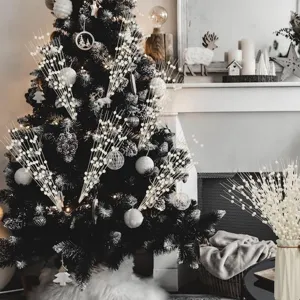 Ramas de bayas con purpurina blanca para decoración de árbol de navidad, flores artificiales.