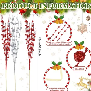 Set of 36 glitter artificial Christmas berry stems 16.9 inch for holiday DIY decor