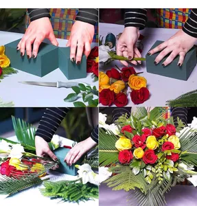 Detaillierte Schritte zum Schneiden und Stecken frischer Blumen mit Steckmasse.