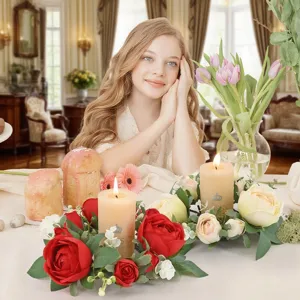 Romantic red rose candle rings for elegant Valentine dining table party centerpieces.