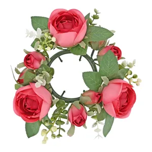 Artificial pink rose and peony flower candle wreath ring for Valentine's Day table decoration