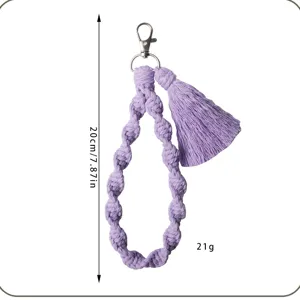 Handmade purple macrame keychain wristlet strap with tassel, cotton rope anti-lost lanyard