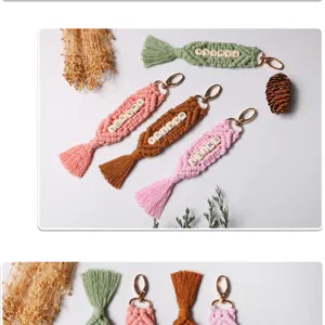 Close-up of handmade bohemian woven keychains with personalized wooden letter beads