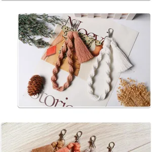 Handmade cotton rope braided keychain wrist strap with tassel pendant for women keys phone.