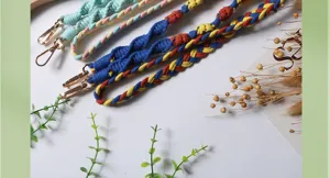 Detail shot of colorful Bohemian braided straps with durable gold-tone metal lobster clasps.