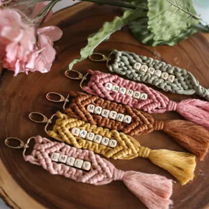 Bohemian Handmade Woven Cotton Rope Keychain With Wooden Letter Beads Tassel Bag Charm Car Key Ring For Women Gift