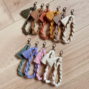 Handmade Cotton Cord Woven Keychain Wristlet Boho Tassel Phone Charm Bag Pendant Key Ring Holder For Women