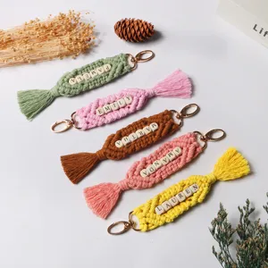 Bohemian handmade macrame keychains with personalized wooden letter beads in vibrant colors