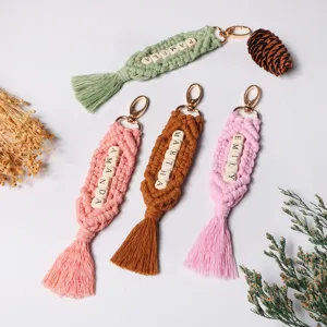 Handmade bohemian macrame letter keychains with wooden name beads and soft tassels