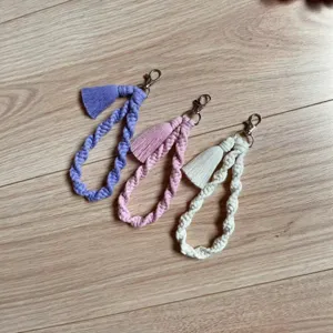 Handmade woven macrame wristlet keychain and braided cotton rope lanyard set for phone
