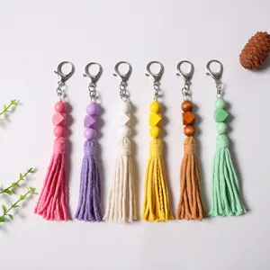 Portachiavi con Perline di Legno Boho con Nappina in Corda di Cotone Ciondolo per Borsa in Legno Fatto a Mano per Donna Accessorio Fai-da-te