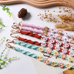 Handmade Bohemian woven flower phone lanyard strap with daisy pattern and metal clasp