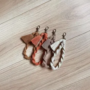 Handmade macrame wristlet keychain with tassel and metal clasp boho cotton rope lanyard set