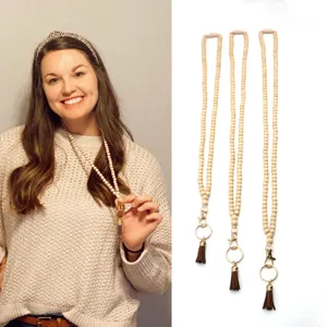 Bohemian Wooden Bead Beaded Lanyard Necklace For ID Badge Holder Keychain With Suede Tassel Handmade Pine Wood Beaded Cord