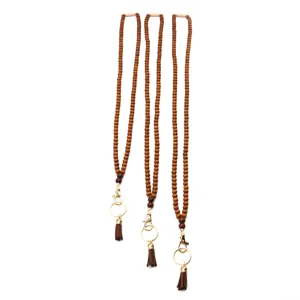Handmade vintage wood bead lanyard necklace with tassel and lobster clasp for ID badges