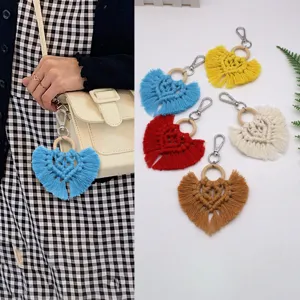Hand Woven Heart Macrame Keychain Bohemian Tassel Cotton Rope Key Ring Boho Bag Pendant For Women Accessories Gift