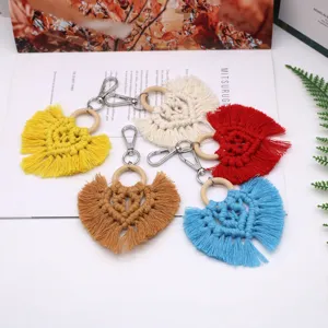 Handmade boho heart-shaped cotton woven tassel keychains in vibrant colors for bag decor