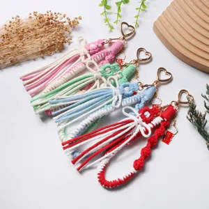 Handmade Woven Cotton Rope Flower Keychain With Heart Clip Tassel Bow Daisy Bag Charm For Women Lucky Cat Pendant Accessory