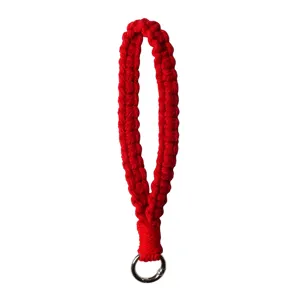 Handmade woven red phone wrist strap lanyard with metal ring for daily anti-loss use.