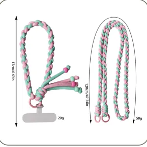 Detailed size and weight specifications for hand-woven pink and green phone lanyards