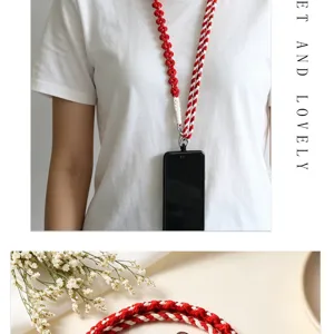 Handmade red and white woven phone lanyard adjustable cross body strap cute mobile accessory.