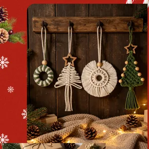 Close-up of handmade macrame Christmas ornaments featuring wood beads and tassels.