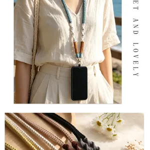 Close-up detail of hand-woven minimalist phone lanyard in multiple colors and styles