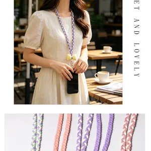 Close-up of braided phone lanyards in pastel colors and model wearing one with a bow.