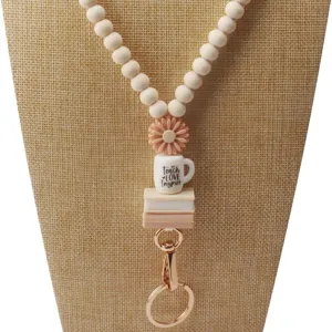 Wooden bead lanyard ID badge holder with coffee cup flower charm and rose gold keyring