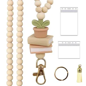 Wooden bead lanyard set with silicone potted plant book charms ID badge holder for teachers.