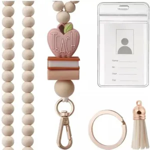Wooden Beaded Lanyard Teacher ID Badge Holder with Silicone Apple Tassel Keychain