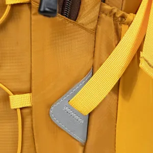 Close-up of lightweight hiking backpack with reflective strip and durable nylon fabric