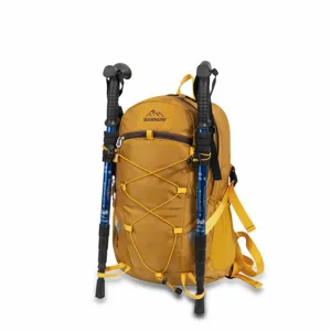 Lightweight yellow outdoor hiking backpack showing trekking pole attachment system