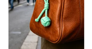 Nahaufnahme eines mintgrünen handgewebten Seilball-Anhängers an einer Ledertasche
