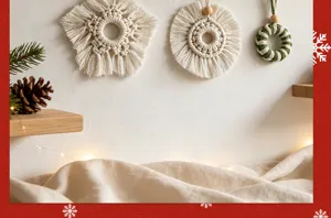 Detailed view of handmade macrame Christmas ornaments on a decorated wall