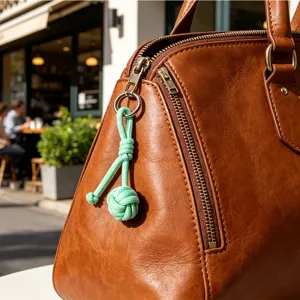 Mintgrüner handgewebter Kugel-Schlüsselanhänger als Taschenschmuck an einer braunen Tasche.