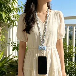 Elegant handmade braided phone lanyard necklace featuring a stylish light blue bow