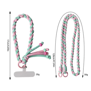 Handmade braided phone lanyard set featuring wrist and crossbody straps in pink and green