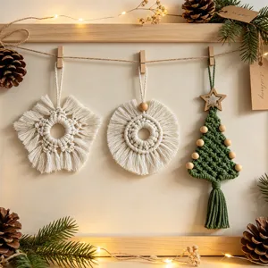 Handmade macrame Christmas ornaments set including star, wreath and tree designs for holiday decor