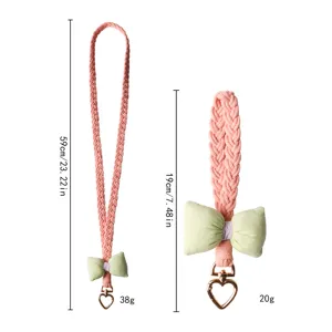 Long crossbody and short wrist pink braided phone lanyards with green bow and heart clasp