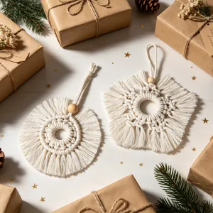 Handmade boho macrame Christmas tree ornaments with white cotton fringe and wooden beads