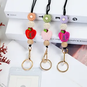 Handmade Silicone Wood Beaded ID Card Lanyard Necklace Keychain Teacher Gift Silicone Daisy Knit Ball Apple Pendant Lanyard Strap With Badge Holder For Office School Women