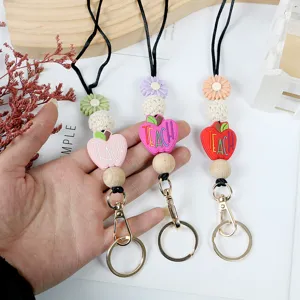 Teacher lanyard keychain with silicone apple beads and flower charms for ID badge