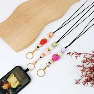 Teacher silicone apple beaded lanyard with wood beads and gold key ring