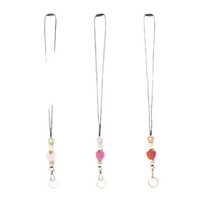 Handmade wooden bead lanyard necklace with flower and apple charms for ID cards