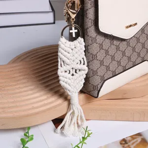 Boho style handmade macrame keychain with cotton rope tassel and elegant cross charm