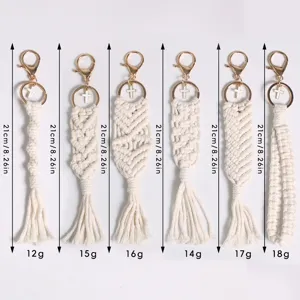 Handmade boho macrame keychains set with cotton rope, cross pendant, and measurement details.