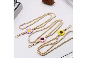 Handcrafted wooden bead lanyards with colorful silicone sunflower ornaments