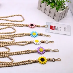 Handmade Wooden Bead Lanyard Silicone Flower ID Badge Holder Decorative Hanging Neck Chain Key Ring Lanyard For Work School Women Men Office Decoration