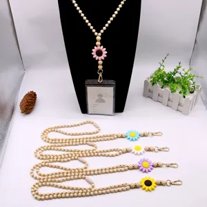 Handmade wooden bead lanyard with colorful silicone flowers for ID badge holder necklace